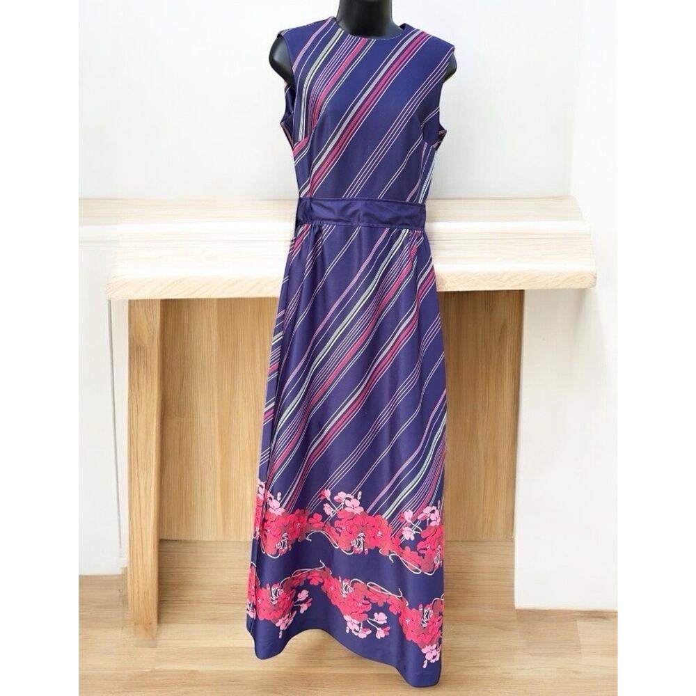 Vintage Yves Jennet Sleeveless Maxi Dress Pink Navy Floral Retro 1970s Sz 10